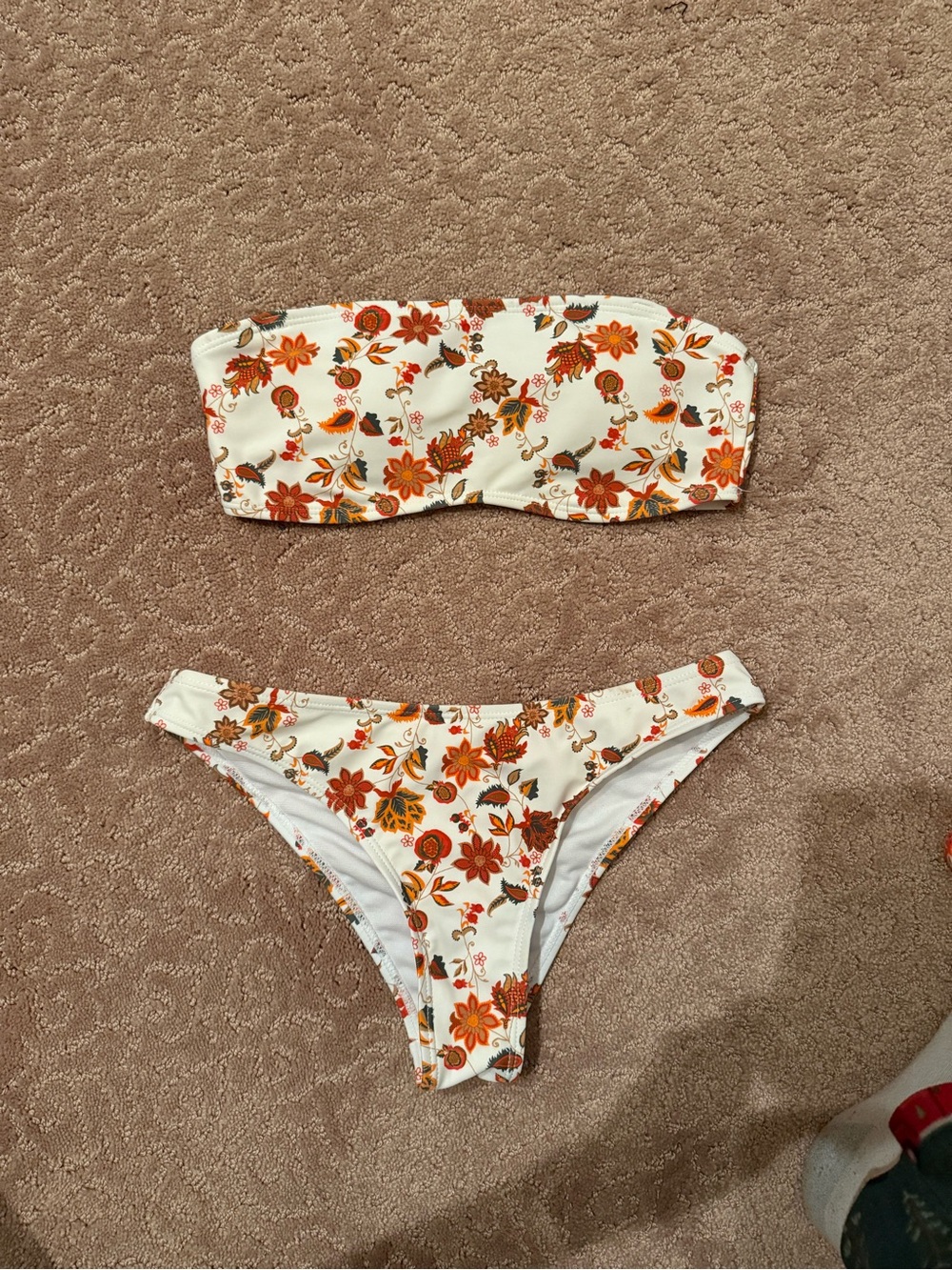 Floral Bandeau Bikini Set in White with Orange & Brown Flowers